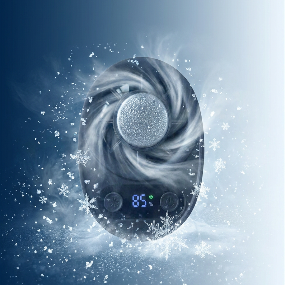 Aira Breeze cooling fan surrounded by cold blue mist and frost